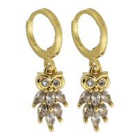 Brass Leverback Earring Owl gold color plated fashion jewelry & micro pave cubic zirconia & for woman nickel lead & cadmium free 28mm 8*15*4mm Sold By Pair