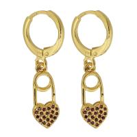 Brass Huggie Hoop Earring, Heart, gold color plated, fashion jewelry & micro pave cubic zirconia & for woman, nickel, lead & cadmium free, 29mm,7*16*2mm, Sold By Pair