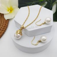 Brass Jewelry Set, earring & necklace, with Plastic Pearl, with 1.97inch extender chain, gold color plated, 2 pieces & fashion jewelry & for woman, golden, nickel, lead & cadmium free, Length:Approx 21.65 Inch, Sold By Set