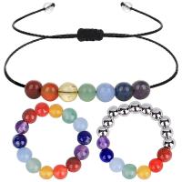 Natural Gemstone Jewelry Sets finger ring & bracelet with Wax Cord & Brass Round handmade & for woman Sold By PC