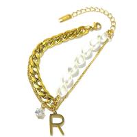 Bracelet d'acier titane, avec perle de plastique, avec 1.97inch chaînes de rallonge, bijoux de mode & pour femme & avec strass, doré, Longueur:Environ 6.69 pouce, Vendu par PC