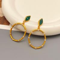 Brass Stud Earring, with Malachite, 18K gold plated, fashion jewelry & for woman & with rhinestone, golden, nickel, lead & cadmium free, 48x22mm, Sold By Pair