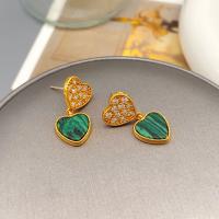 Brass Stud Earring, with Malachite, Heart, 18K gold plated, fashion jewelry & for woman & with rhinestone, golden, nickel, lead & cadmium free, 26x12mm, Sold By Pair