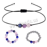 Natural Gemstone Jewelry Sets finger ring & bracelet with Wax Cord & Brass Round silver color plated & for woman Sold By PC