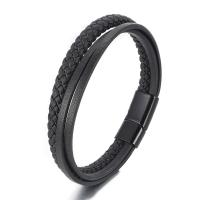 PU Leather Cord Bracelets with Zinc Alloy plumbum black color plated three layers & vintage & for man Length 21 cm Sold By PC