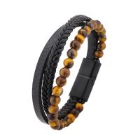 Natural Tiger Eye Bracelets PU Leather with Tiger Eye & Zinc Alloy plated multilayer & for man Length Approx 22 cm Sold By PC