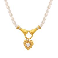 Natural Freshwater Pearl Necklace, with Glass Rhinestone & Titanium Steel, with 5cm extender chain, Heart, Vacuum Ion Plating, for woman, 30x27mm, Length:Approx 43 cm, Sold By PC