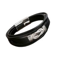 ПУ шнур браслеты, Искусственная кожа, с Нержавеющая сталь 304, ювелирные изделия моды & многослойный & Мужский, черный, длина:Приблизительно 21 см, продается PC