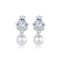 Brass Drop Earring with Plastic Pearl platinum color plated micro pave cubic zirconia & for woman nickel lead & cadmium free Sold By Pair