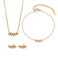 Fashion Stainless Steel Jewelry Sets Stud Earring & bracelet & necklace 304 Stainless Steel Vacuum Ion Plating fashion jewelry & micro pave cubic zirconia golden Sold By PC