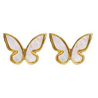 Brass Stud Earring, with White Shell, Butterfly, real gold plated, fashion jewelry & for woman, 13mm, Sold By Pair