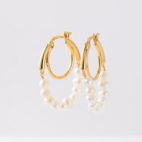 Brass Huggie Hoop Drop Earring, with Freshwater Pearl, 18K gold plated, Bohemian style & for woman, 26x30mm, Sold By Pair