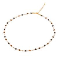 Tiger Eye Necklace with Shell Pearl & Black Agate & Brass with 2.36inch extender chain gold color plated fashion jewelry & for woman Length Approx 15.7 Inch Sold By PC