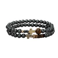 Gemstone Bracelets, Hematite, Cross, 2 pieces & elastic & for man, more colors for choice, Length:19 cm, Sold By Set