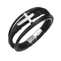 PU Leather Cord Bracelets 316 stainless steel magnetic clasp Cross Vacuum Ion Plating three layers & for man Length 21 cm Sold By Box