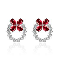 Cupronickel Stud Earring Four Leaf Clover silver color plated for woman & with rhinestone & hollow Sold By Pair