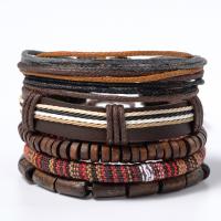 Leather Cord Bracelet Full Grain Cowhide Leather with Wax Cord & Wood vintage & multilayer & Unisex 15mm Length Approx 6.7 Inch Sold By Set