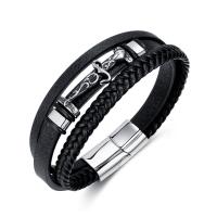 ПУ шнур браслеты, Синтетическая кожа, с Нержавеющая сталь 304, полированный, ювелирные изделия моды & многослойный & Мужский, черный, 13mm, длина:Приблизительно 8.27 дюймовый, продается PC