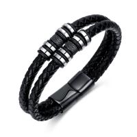 ПУ шнур браслеты, Синтетическая кожа, с Нержавеющая сталь 304, Связанный вручную, Двойной слой & ювелирные изделия моды & Мужский, черный, 12.50mm, длина:Приблизительно 8.27 дюймовый, продается PC