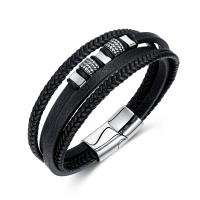 PU Leather Cord Bracelets, with 304 Stainless Steel, handmade, fashion jewelry & multilayer & for man, black, 11mm, Length:Approx 8.27 Inch, Sold By PC