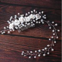 Decorative Hair Combs, Tibetan Style, with Plastic Pearl, fashion jewelry & for woman & with rhinestone, white, nickel, lead & cadmium free, 345x65mm, Sold By PC