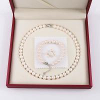 Natural Cultured Freshwater Pearl Jewelry Sets Stud Earring & bracelet & necklace with Brass three pieces & fashion jewelry & for woman white 9-10mm Length Approx 17 Inch Approx 7.5 Inch Sold By Set