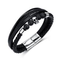 PU Leather Cord Bracelets with 304 Stainless Steel handmade fashion jewelry & multilayer & for man black nickel lead & cadmium free Length 8.27 Inch Sold By PC