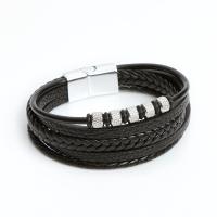PU Leather Cord Bracelets, with 316L Stainless Steel & Tibetan Style, punk style & for man, black, Length:21 cm, Sold By PC