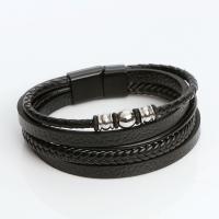 PU Leather Cord Bracelets with 316L Stainless Steel zinc alloy magnetic clasp plumbum black color plated vintage & multilayer & for man black Length 21 cm Sold By PC