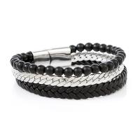 PU Leather Cord Bracelets, with Obsidian & 316L Stainless Steel, multilayer & for man, black, Length:21.5 cm, Sold By PC