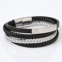 Bracelets cordon PU, cuir PU, avec acier inoxydable 316L, multicouche & pour homme, noire, Longueur:Environ 21 cm, Vendu par PC