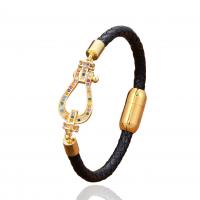 PU Leather Cord Bracelets with Brass & 304 Stainless Steel gold color plated Unisex & micro pave cubic zirconia Length 21 cm Sold By PC