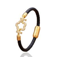 PU Leather Cord Bracelets with Brass & 304 Stainless Steel gold color plated & micro pave cubic zirconia & for woman Length 21 cm Sold By PC