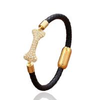 PU Leather Cord Bracelets with Brass & 304 Stainless Steel gold color plated & micro pave cubic zirconia & for man Length 21 cm Sold By PC
