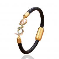 PU Leather Cord Bracelets with Brass & 304 Stainless Steel gold color plated Unisex & micro pave cubic zirconia Length 21 cm Sold By PC