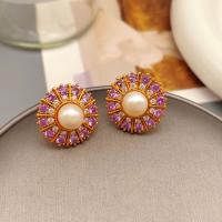 Brass Stud Earring with Freshwater Pearl 18K gold plated fashion jewelry & micro pave cubic zirconia & for woman nickel lead & cadmium free Sold By Pair