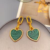 Brass Stud Earring, with Malachite, Heart, 18K gold plated, fashion jewelry & for woman & with rhinestone, golden, nickel, lead & cadmium free, 49x22mm, Sold By Pair