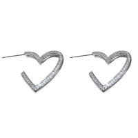 Brass Stud Earring Heart fashion jewelry & for woman & with rhinestone silver color nickel lead & cadmium free 32mm Sold By Pair