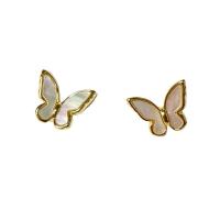 Brass Stud Earring with Shell & Plastic Pearl Butterfly gold color plated fashion jewelry & for woman white nickel lead & cadmium free Sold By Pair