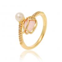 Brass Finger Ring, with Resin & Plastic Pearl, real gold plated, fashion jewelry & micro pave cubic zirconia & for woman, more colors for choice, nickel, lead & cadmium free, 22x12mm, Sold By PC