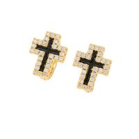 Brass Huggie Hoop Earring Cross gold color plated micro pave cubic zirconia & for woman & enamel nickel lead & cadmium free Sold By Pair