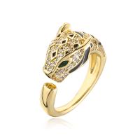Brass Finger Ring, Leopard, Vacuum Ion Plating, micro pave cubic zirconia, golden, nickel, lead & cadmium free, Inner Diameter:Approx 18mm, Sold By PC