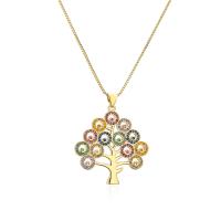 Messing Halskette, mit Verlängerungskettchen von 2inch, Baum des Lebens, vergoldet, Micro pave Zirkonia & für Frau & hohl, keine, 31x38mm, Länge:ca. 17.7 ZollInch, verkauft von PC