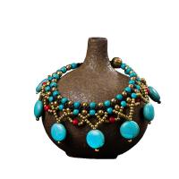 Brass Bracelet with turquoise & Wax Cord gold color plated Bohemian style & for woman Length Approx 7.3 Inch Sold By PC