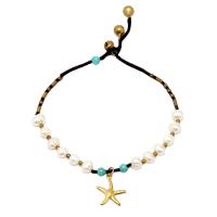 Fashion Jewelry Anklet, Freshwater Pearl, with turquoise & Wax Cord & Brass, Bohemian style & for woman, Length:Approx 9.6 Inch, Sold By PC