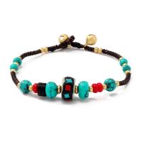 Brass Bracelet with Seedbead & Thailand Waxed Thread & turquoise gold color plated folk style & Unisex Length Approx 7.3 Inch Sold By PC