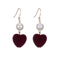 Tibetan Style Drop Earrings, with Velveteen & Plastic Pearl, Heart, gold color plated, fashion jewelry & for woman, red, nickel, lead & cadmium free, 55mm, Sold By Pair