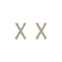 Tibetan Style Stud Earring, Letter X, fashion jewelry & for woman & with rhinestone, golden, nickel, lead & cadmium free, 12x8mm, Sold By Pair