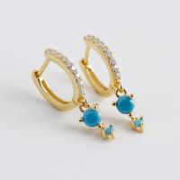 Brass Huggie Hoop Drop Earring with turquoise plated micro pave cubic zirconia & for woman 8.5mm Sold By Pair