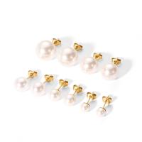 Stainless Steel Stud Earrings 304 Stainless Steel with Freshwater Pearl 18K gold plated fashion jewelry & for woman white Sold By Pair